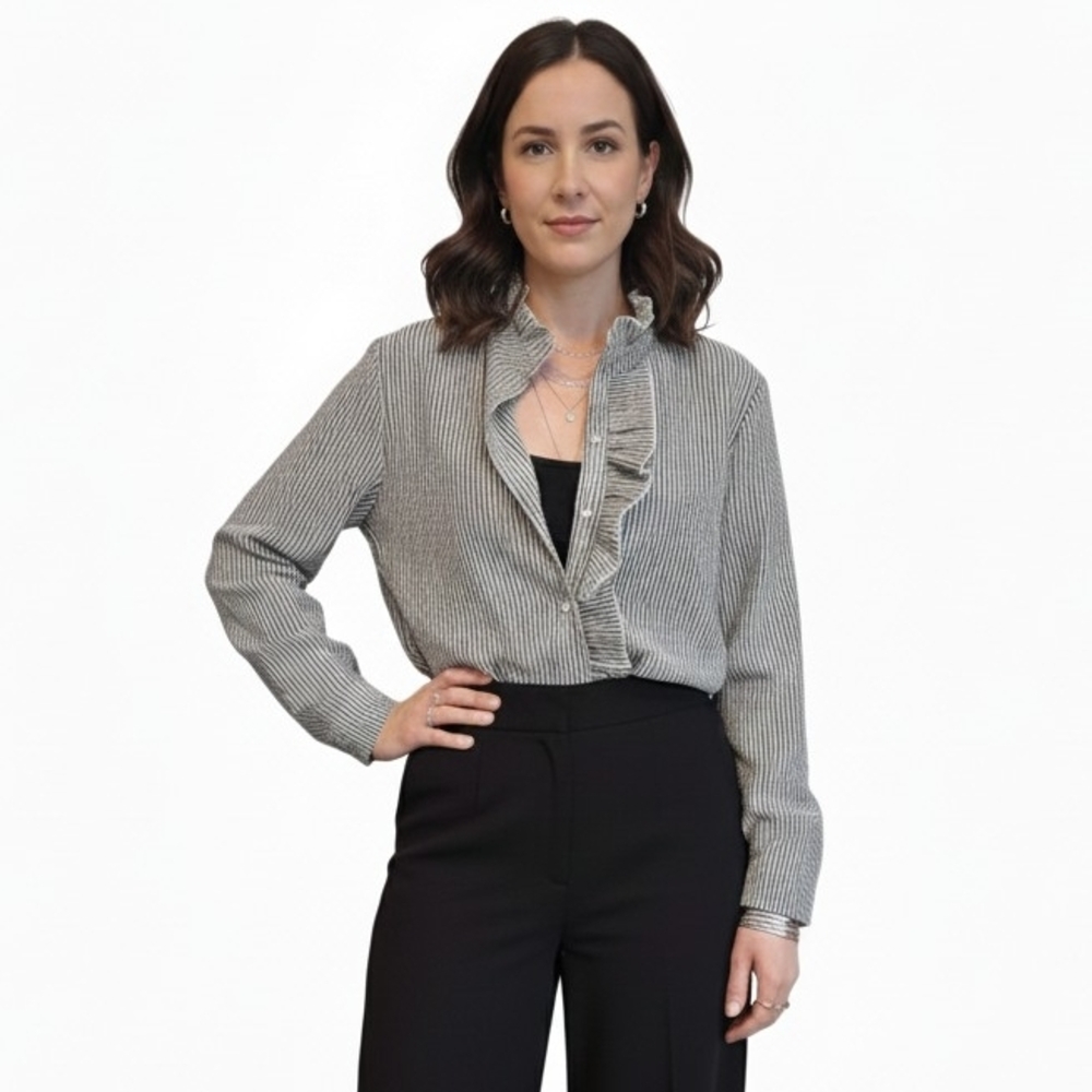 SHEIN Monochrome Striped Ruffle Shirt